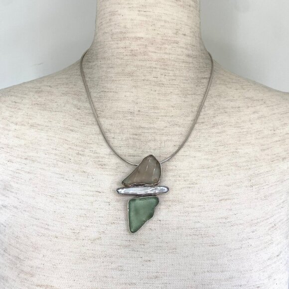 Sterling Silver 925 Beach Glass & Biwa Pearl Pendant Necklace 16"-18" Chain - Picture 1 of 16